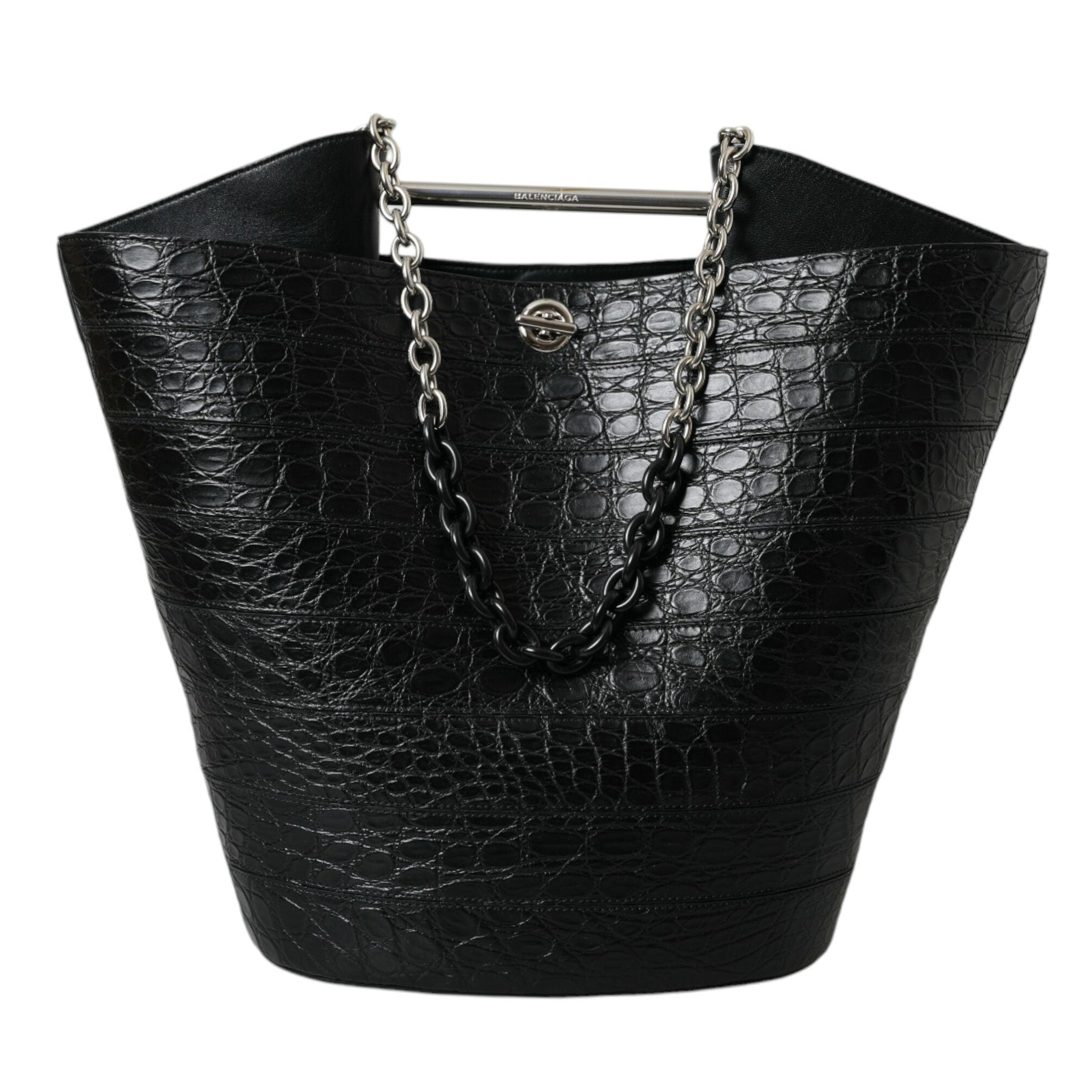 Black Exotic Skin Leather Maxi Bucket Tote Purse Bag