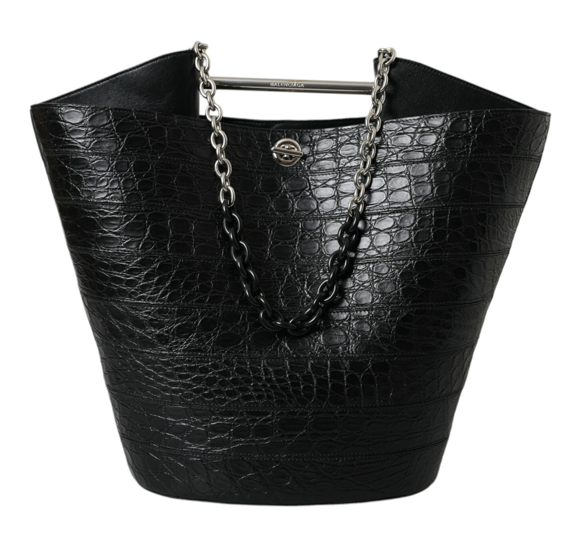 Black Exotic Skin Leather Maxi Bucket Tote Purse Bag